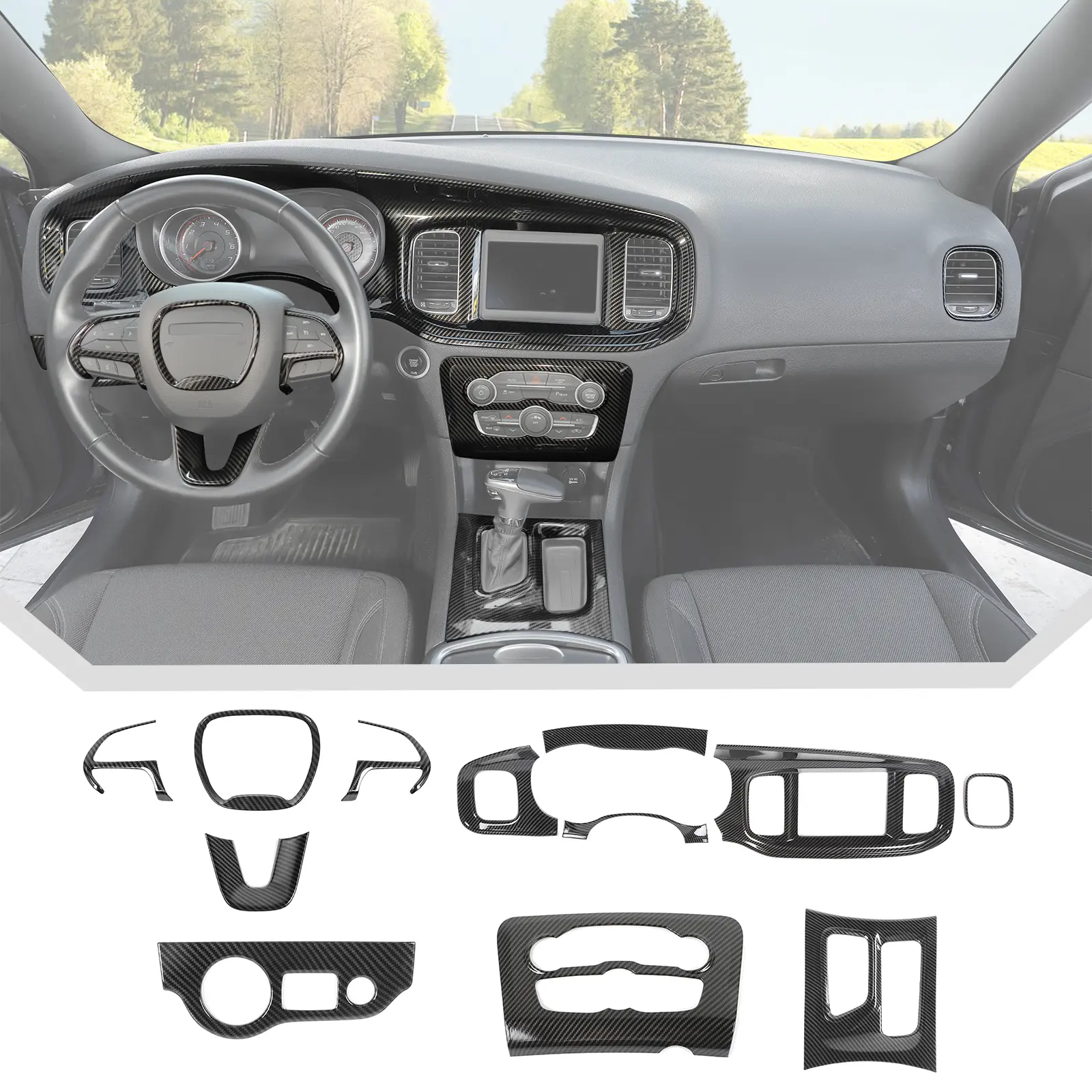 Carbon Fiber Interior Center Console Trim Cover Kit, Car Interior Decal Sticker, Cars Accessories for Dodge Charger 2015+ Car Dashboard Decorations