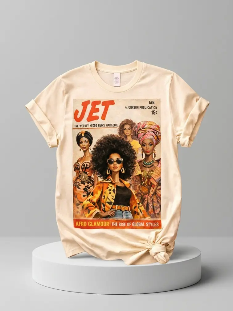 Women's Casual Short-Sleeve Cotton Fabric Fit Afrocentric Vintage Magazine Graphic T-Shirt - Glamour Fall Art Tee Gift