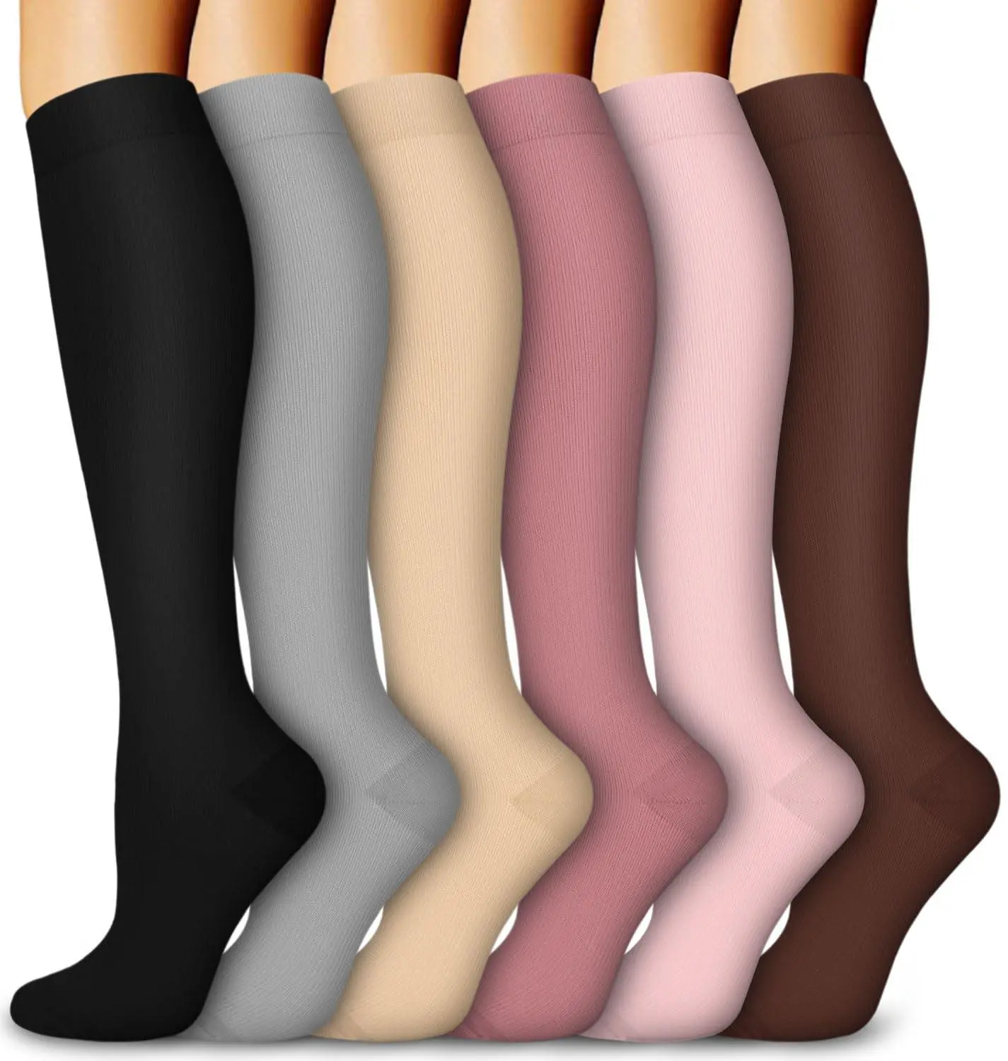 MhzyCaus 6 Pairs Compression Socks for Women, Knee High Solid Color Pack, 6 Mixed Classic Tones, Breathable Stretch Minimalist Long Socks for Daily Wear, Travel, Work, Running & Active Lifestyle