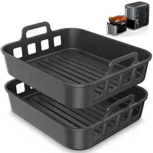 Silicone Air Fryer Liners for 9-10QT Ninja SL401 SL451 DZ401 DZ550 Double Stack 2 Basket Air Fryer, Reusable Rectangle Perforated Silicone Liners for Dual Air Fryer, Ninja DoubleStack XL Air Fryer Accessories