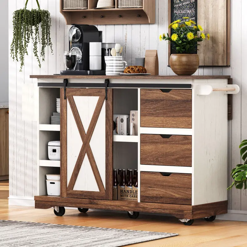 Farmhouse Kitchen Island on Wheels with Drop Leaf, 55.5" Farmhouse Kitchen Cart with Barn Door & Power Outlet, Rolling Table with Drawers & Spice Rack, for Dining Room, White