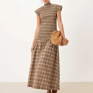 High Neck Shirred Maxi Dress With Dropped Waist In Plaid