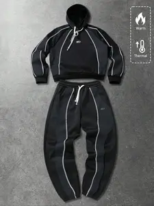 Oversized Color Block Two-Piece Sports Set, and Hoodie with Drawstring and Jogger Pants, Stylish Streetwear for Generation Z's Casual Winter