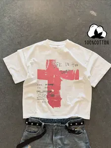 Unisex 100% Cotton Short Sleeve T-Shirt, Cross Graffiti Print, Y2K Dark Gothic Street Style, Casual Daily Wear, Loose-Fitting, Long Length