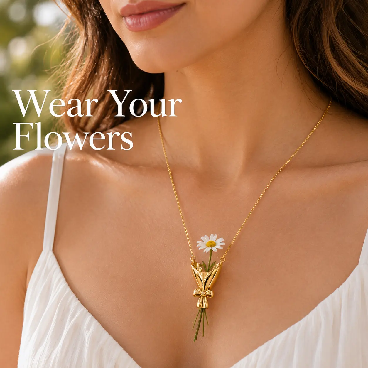 Women's Adjustable Gold-Tone Wearable Flower Bouquet Holder Necklace - Pendant for Fresh, Dried or Faux Flowers for Any Event