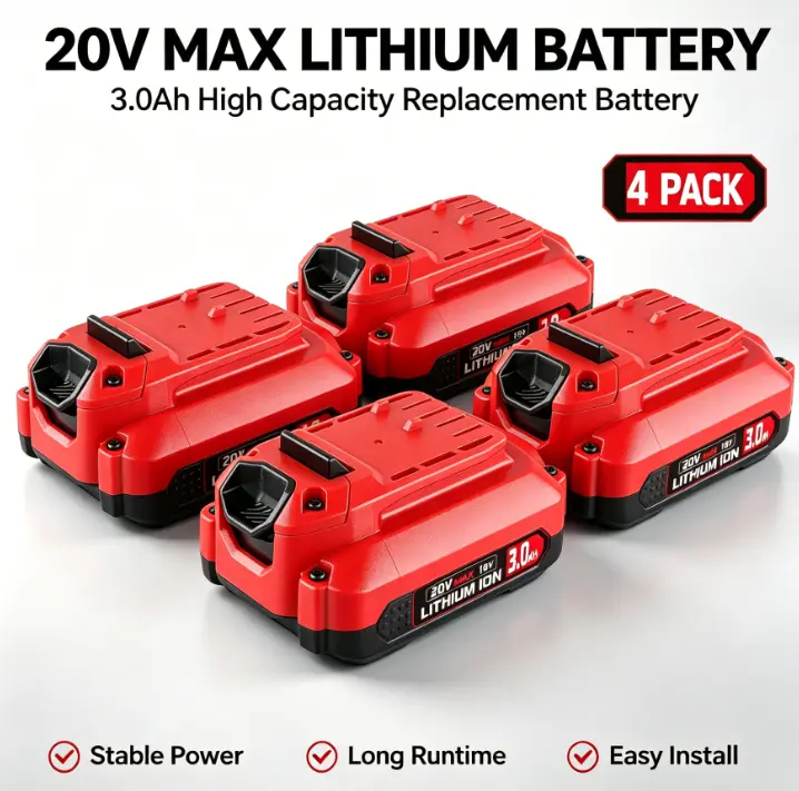 4-Pack 20V 3000mAh Lithium Ion Rechargeable Power Tool Batteries, Compatible Upgraded Replacement for Craftsman V20 CMCB204 Cordless Tools, Red, No Memory Effect, Reliable Home Improvement Charge Controller Accessory, Lithium Ion Battery