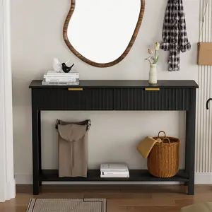 Entryway Console Table with 2 Fluted Drawers and Gold Handles, Modern 47.2" Sofa Table with Storage Shelf for Living Room and Hallway White/Black