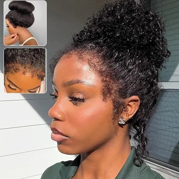 KissLove Kinky Curly Invisi Strap Snug Fit 360 Wig with Drawstring Bleached Knots Pre Cut Lace Beginner Friendly Glueless Curly 4C Edge Baby Hair All Around Ready to Wear Curly Wig Human Hair Best Beginner Friendly