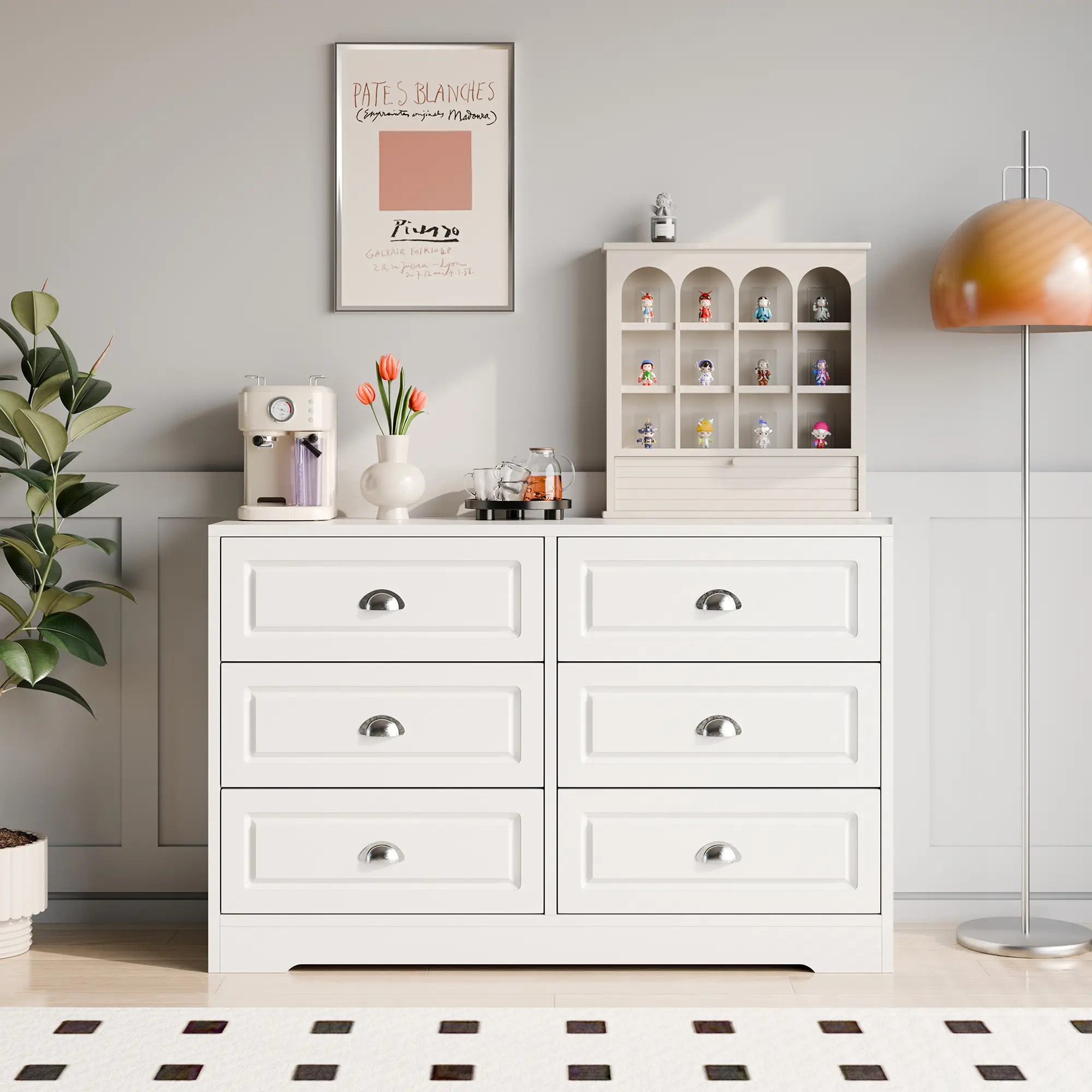 Walsunny Farmhouse Dresser for Bedroom with 6 Drawers, Wood Storage Cabinet Clothes Organizer Furniture for Living Room, Entryway, White Pantry