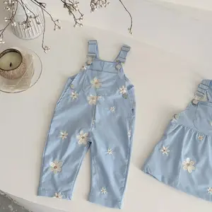 Exquisite Floral Embroidery Light Blue Loose Casual Versatile Infant Spring Autumn Outdoor Suspender Pants (One Suspender Pants, No Shoes, Hats, Inner Wear, etc.)