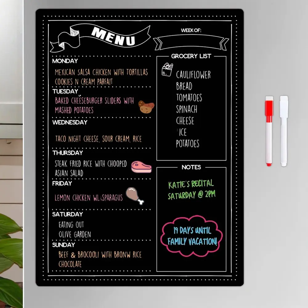 Kitchen Magnetic Menu Board, 15.7x11.8 Inch Blackboard Calendar, Dry Erase Weekly Meal Plan, Meal Planner & Grocery List, Includes 2 Markers
