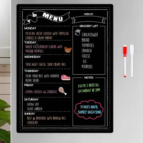 Kitchen Magnetic Menu Board, 15.7x11.8 Inch Blackboard Calendar, Dry Erase Weekly Meal Plan, Meal Planner & Grocery List, Includes 2 Markers