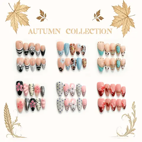 CuraTique Autumn Collection 10PCS Glossy Handmade 3D Gel Press-On Nails, Reusable Box-Packed Nail Art Accessory for Prom, Reusable Nails
