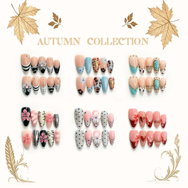 CuraTique Autumn Collection 10PCS Glossy Handmade 3D Gel Press-On Nails, Reusable Box-Packed Nail Art Accessory for Prom, Reusable Nails