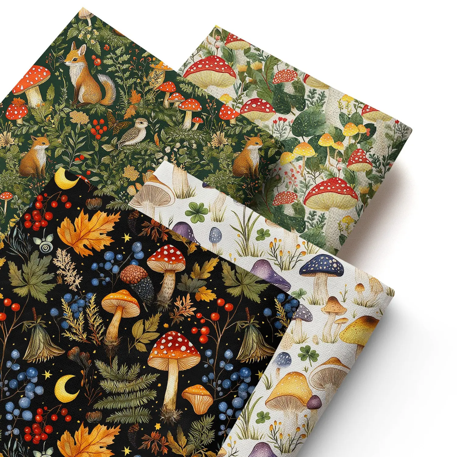 4 Pieces Cute Animal Series Squirrel Mushroom Pattern Print Polyester Fabric Bundle, for Handmade Home Decor DIY Material, Sewing & Quilting, Doll Accessories, Crafting, DIY Projects, Versatile Use 50x45cm(19.68x17.72inch)