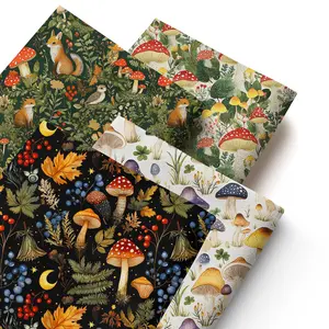 4 Pieces Cute Animal Series Squirrel Mushroom Pattern Print Polyester Fabric Bundle, for Handmade Home Decor DIY Material, Sewing & Quilting, Doll Accessories, Crafting 50x45cm(19.68x17.72inch)
