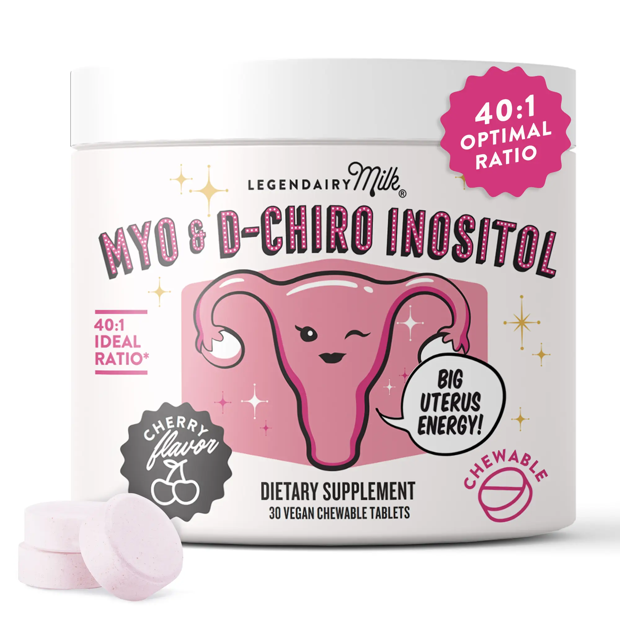 Hormone Balance & Cycle Support Myo & D-Chiro Inositol for Women (40:1 Ratio) - Legendairy Milk - Vegan Chewable Tablets, Cherry Flavor - Dietary