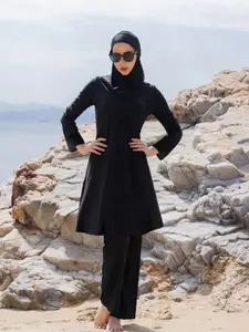 Women's Solid Color Modest Muslim Swimwear Set, Long Sleeve Top & Pants & Hat, Ladies Islamic Swimsuit for Beach Holiday Vacation, Modest Swimsuits