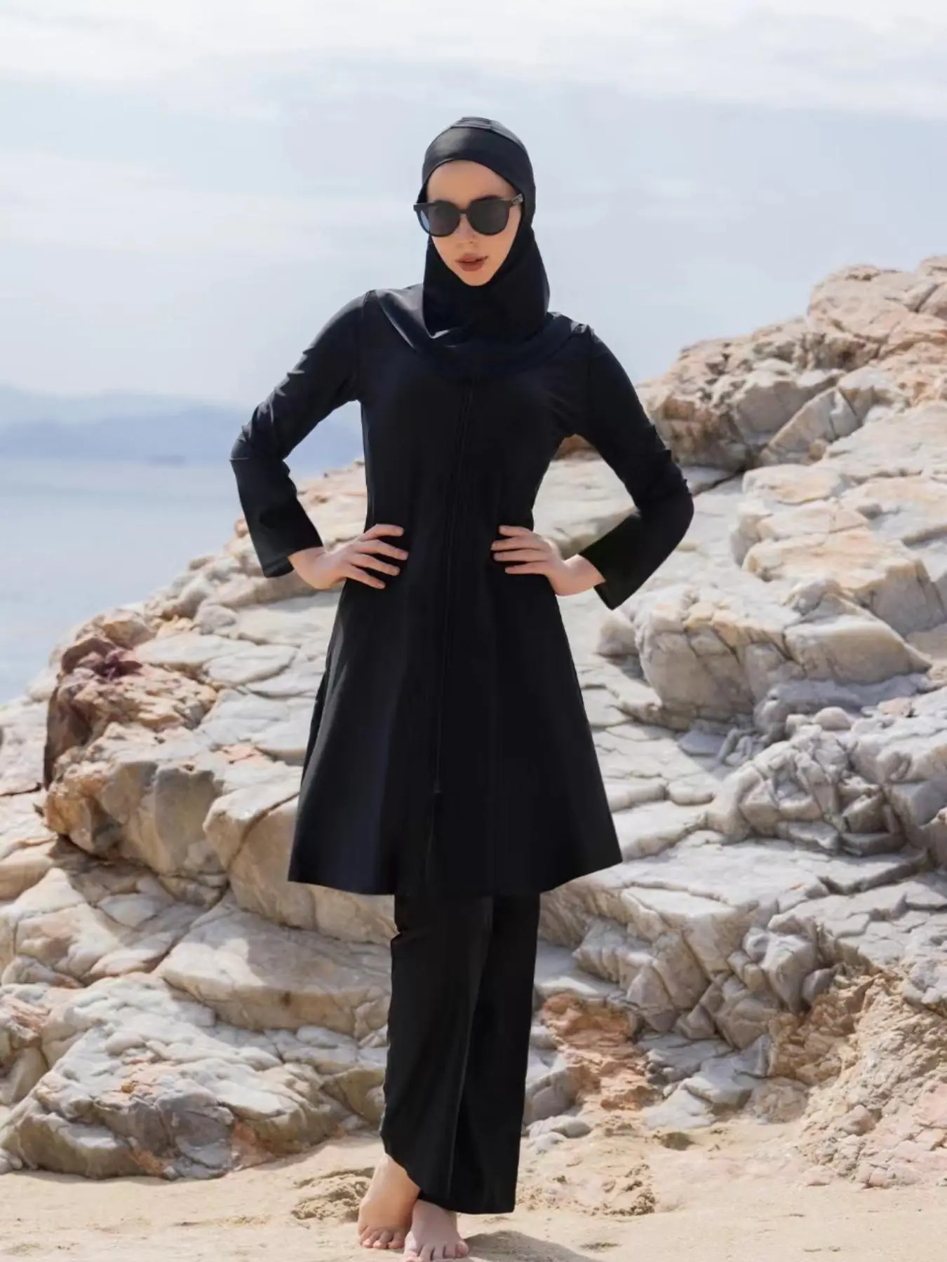 Women's Solid Color Modest Muslim Swimwear Set, Long Sleeve Top & Pants & Hat, Ladies Islamic Swimsuit for Beach Holiday Vacation