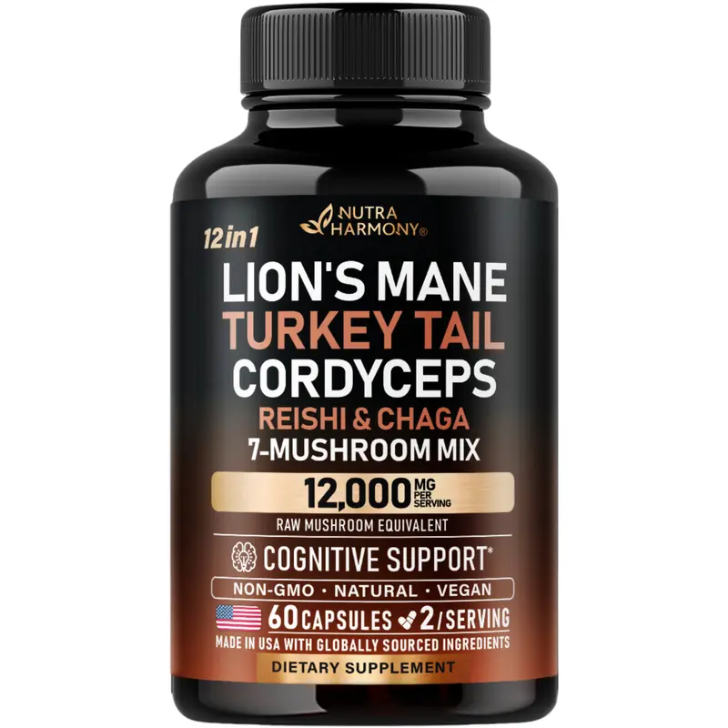 NUTRAHARMONY Mushroom Supplement Complex - Organic Lions Mane | Turkey Tail | Chaga | Cordyceps | Reishi