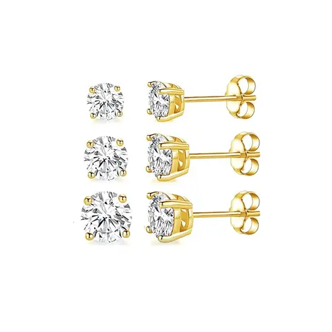 Unisex Gold Plated CZ Stud Earrings 3 Pairs 5mm 6mm 7mm, Princess Cut Minimal Sparkly Daily Wear Jewelry, Hip Hop Fashion for Men & Women