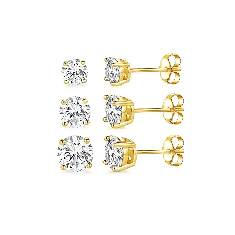 Unisex Gold Plated CZ Stud Earrings 3 Pairs 5mm 6mm 7mm, Princess Cut Minimal Sparkly Daily Wear Jewelry, Hip Hop Fashion for Men & Women