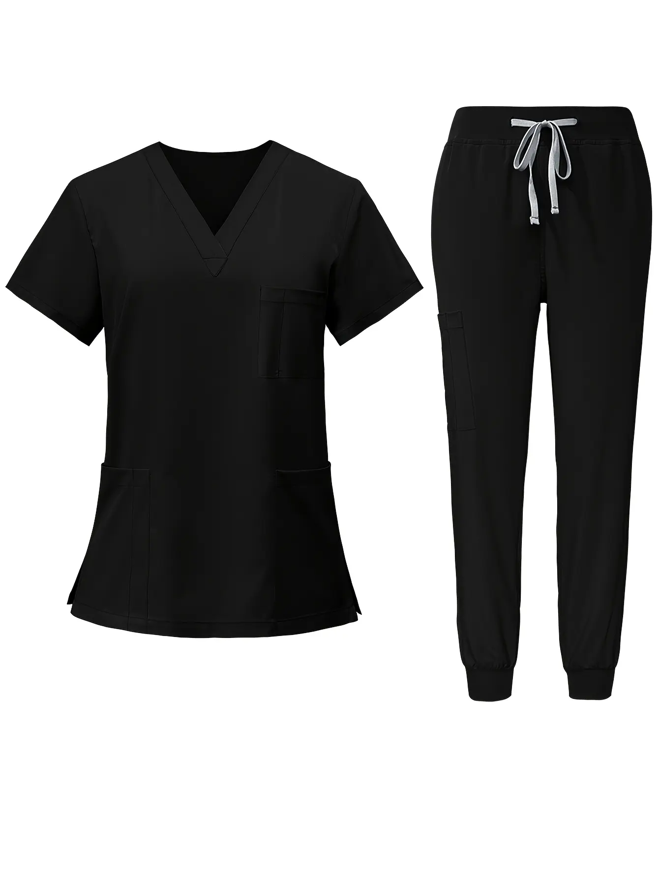 2pcs Set Scrub Suit Set for Women Modern V-neck Top T-shirt & Tapered Leg Jogger Pants with Drawstring Nursing Uniforms Set Suitable for Pet Hospitals, Dental Clinics, Nursing Work, Etc.