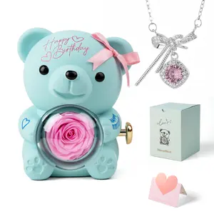 【Birthday gift】MounTova Blue Birthday Bow Rose Bear & Heart Necklace Trendy Fashionable Accessories Perfect for Birthdays Parties Daily Wear Heartfelt Gift for Girlfriends Mom Women Grandma Metal Chain，Holiday Gift