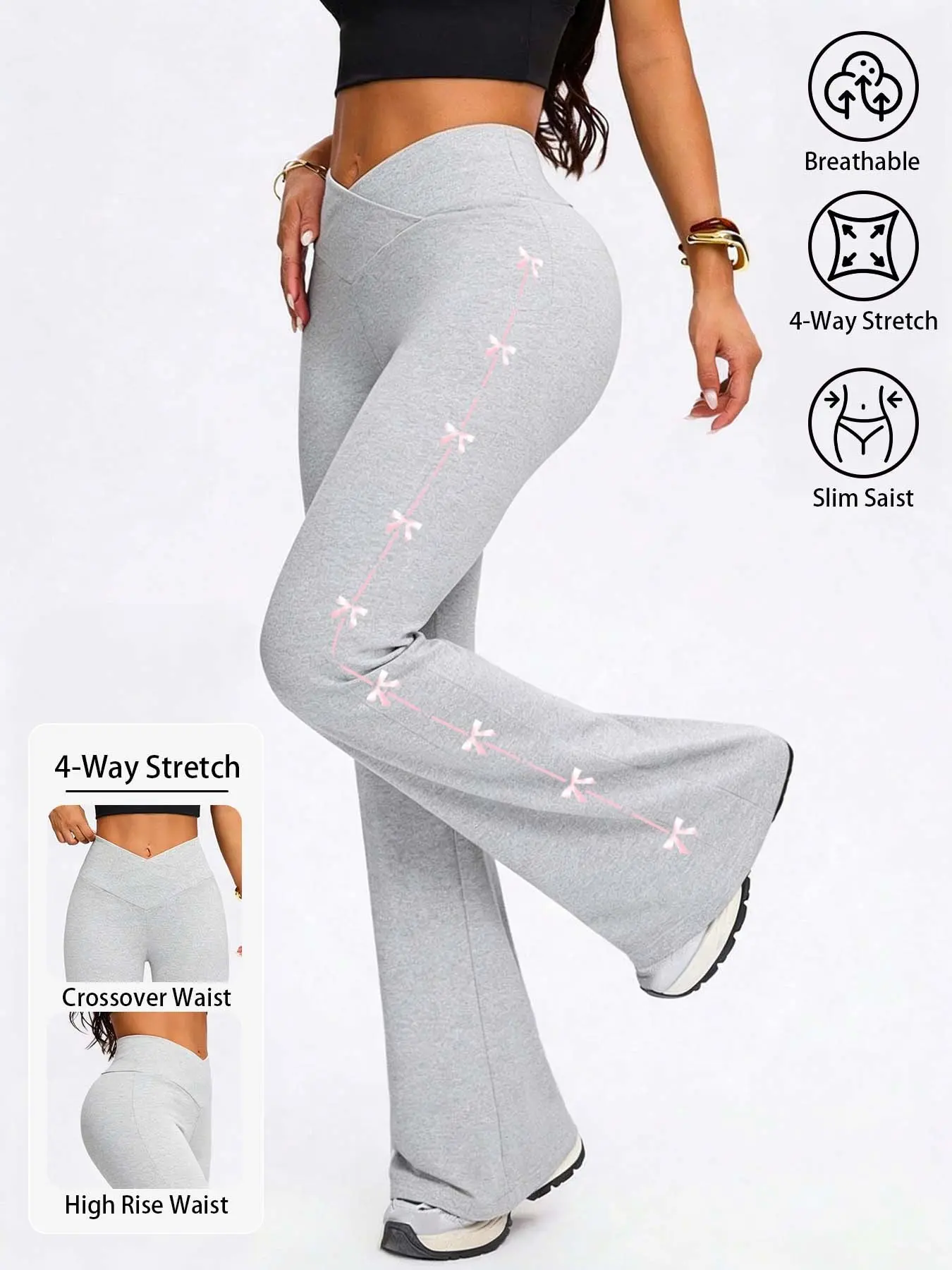 Women's High Waist Sports Flare Leggings, Crossover V-Waist 4-Way Stretch Breathable Yoga Pants, Slim Fit Shapewear with Bow Print, Casual Workout & Coachella Outfits, Trendy Streetwear for Daily Wear, Shaping Leggings, High Waisted Legging