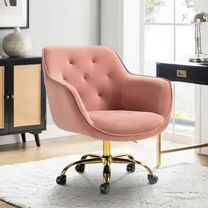 HULALA HOME Jovida Velvet Swivel Office Chair with Tufted Back, Adjustable Height Task Chair with Gold Base & Casters, Modern Comfortable Desk Chair for Home Office, Bedroom & Vanity Use