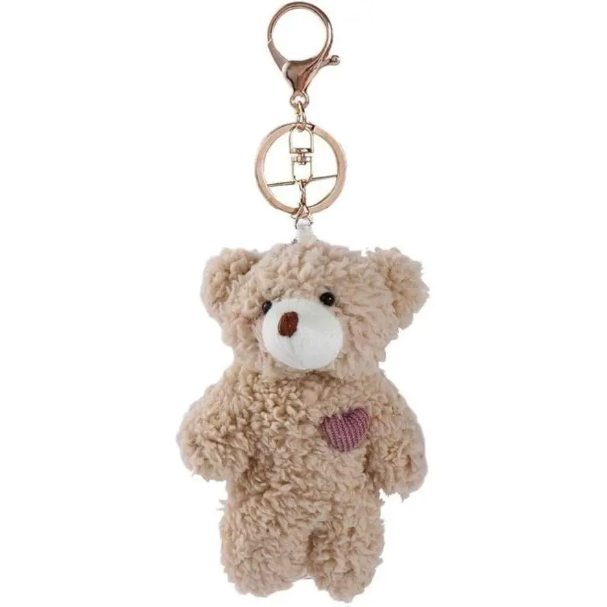 Peppy Brown Bear Pink Heart Soft Cotton Stuffed Animal Clip Keychain - Everyday Backpack Accessory, Car Accessories, DIY Craft Supply