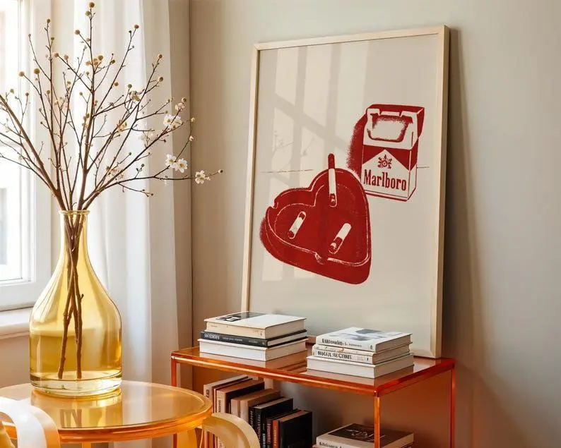 Retro Cigarette & Heart Ashtray Art Print Edgy Red Minimalist Poster For Dorm Room Or Apartment Trendy Grunge Aesthetic Marlboro Wall Decor
