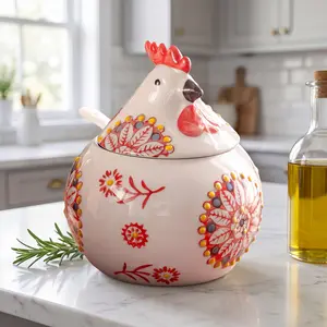 Easy to Clean 400ml Ceramic Salt Keeper with Lid & Spoon Large 13 OZ Chicken Salt Jar Vibrant Green Floral Farmhouse Canister Durable Material Simple Maintenance