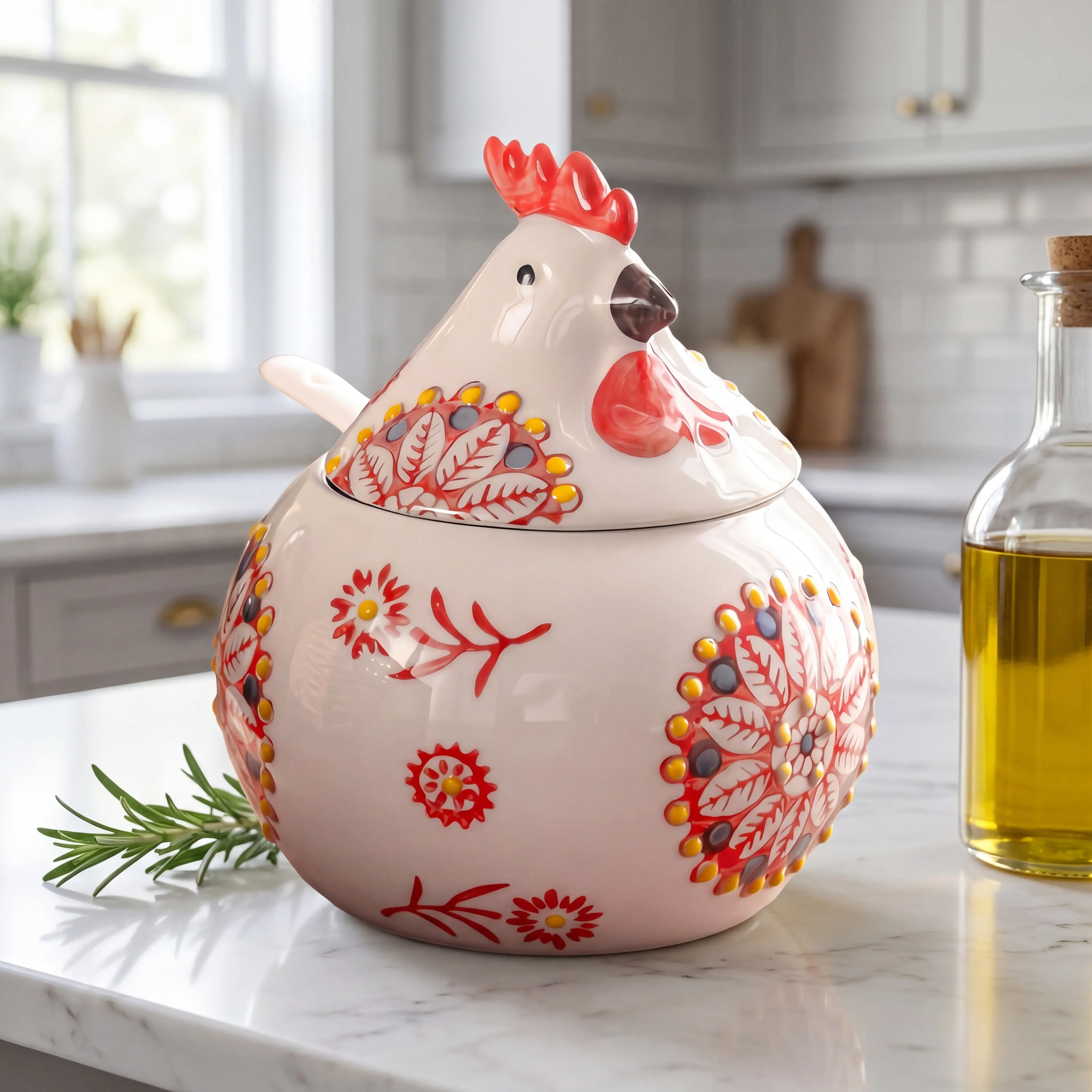 Ceramic Salt Keeper Set with Lid & Spoon, 13oz (400ml) Large Farmhouse Kitchen Containers, Vibrant Green Floral Seasoning Jar, Durable Easy-to-Clean Cooking Utensils with Drizzlers & Dressing Shakers, Maintains Freshness, 400Ml (13 Oz)