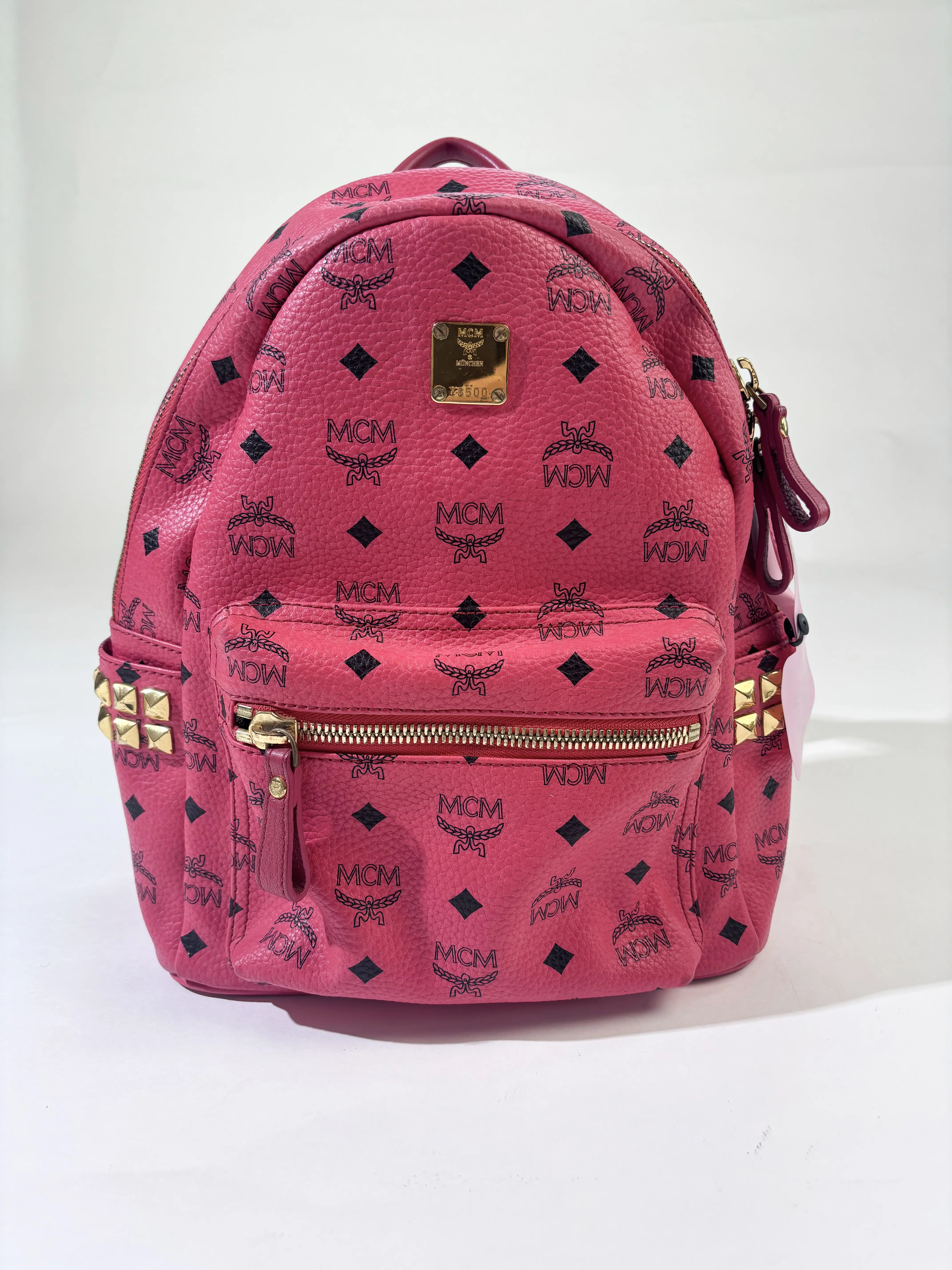 Pre-owned MCM Visetos Printed Coated Canvas Backpacks Mini Stark Studded Backpack, Pink Visetos Coated Canvas Gold Side Studs, Women Daily Casual Backpack