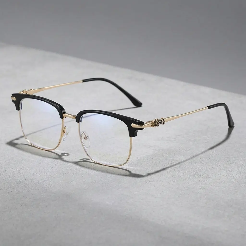 Unisex Luxury Non-Prescription Eyewear - Retro Square Temple Browline Frames, Black Front, Gold Lower Rim, Blue Light Filter Lenses, for Office, Study