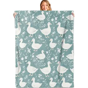 Retro White Duck Throw Blanket,Soft,Lightweight Flannel,Floral Vintage Teal Blankets - Gifts for Kids Girls Women,for Couch Office Travel,Home Living Room Farmhouse Decor
