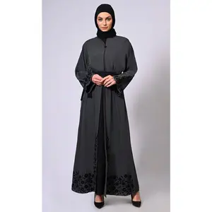 Grey Abaya with embroidered bell sleeves and hem