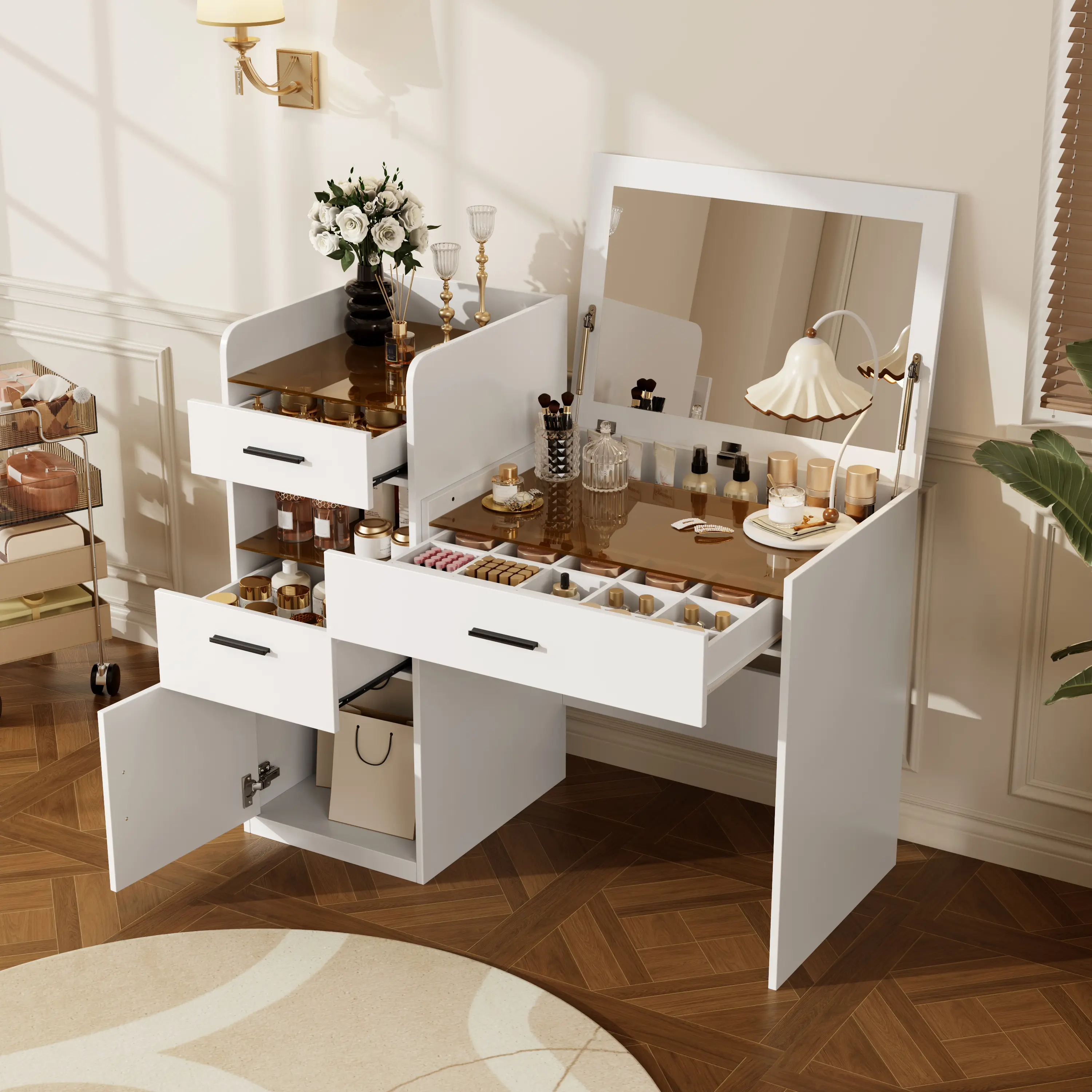 3-in-1 Modern Glam Rectangular Makeup Vanity with Drawers - MDF+Tempered Amber Glass Tabletop, Foldable Flip-Top Mirror, Adjustable Hidden Comp., Easy Build, Compact Indoor Furniture for Small Bedrooms & Apartments, Assembly Required, Mdf+Glass