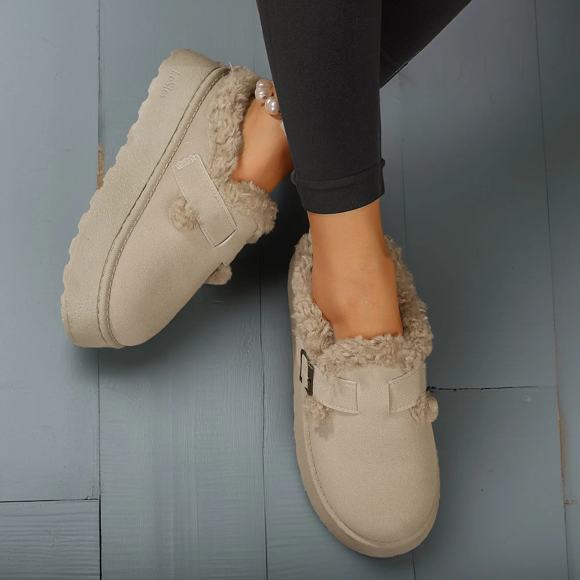 Women's Slippers Platform Mini Boots Short Ankle Boot With Buckle Fleece Lined Winter Warm Indoor Outdoor Thick Sole Plush Slipper Boots