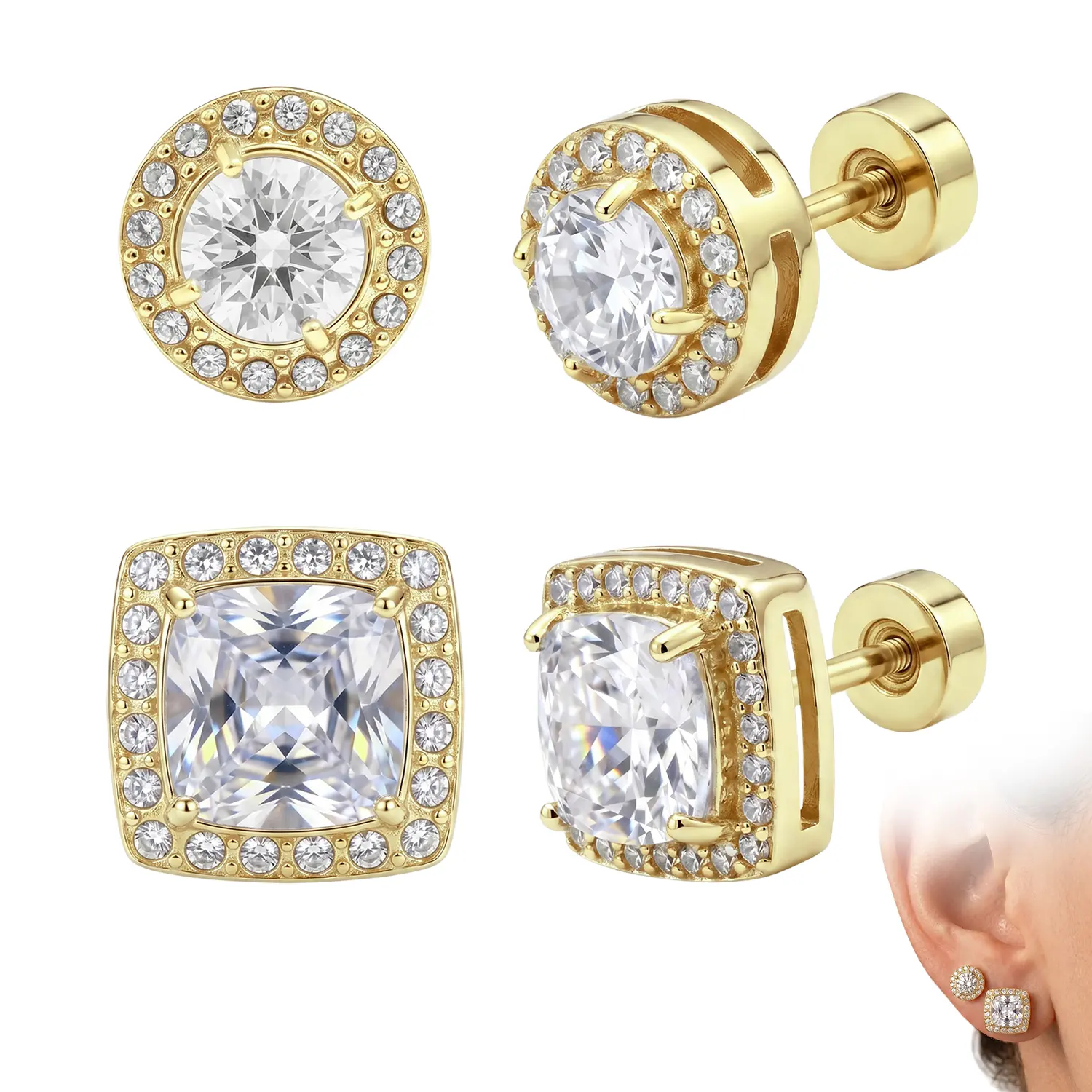 Earring Gold Plated Set for Men and Women, Features round and square gemstone earrings, Elegant and stylish accessories are for pierced ears, Gifts For Boyfriend & Girlfriend summerwins