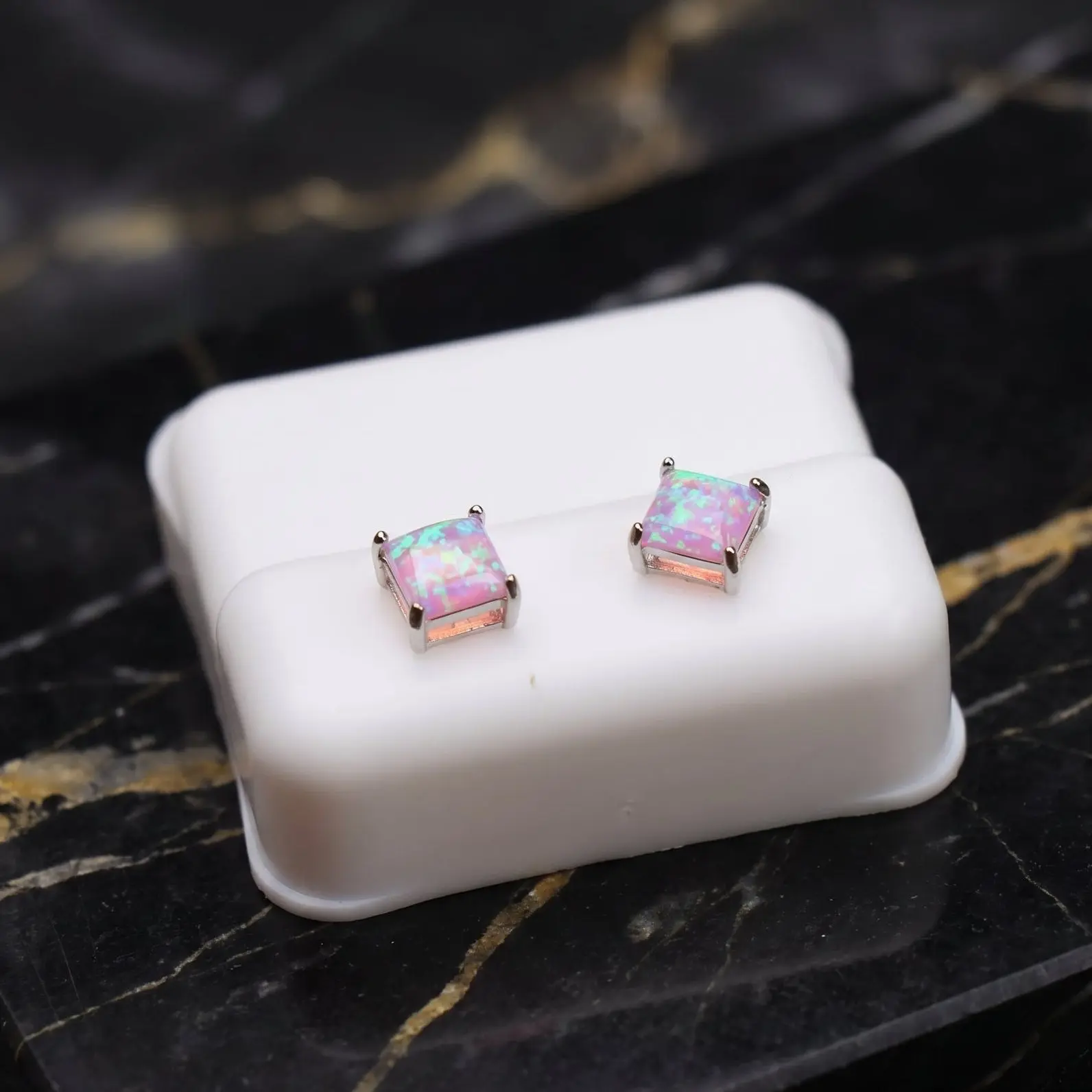 Pink Fire Opal Square Earrings 925 Sterling Silver Lab Created
