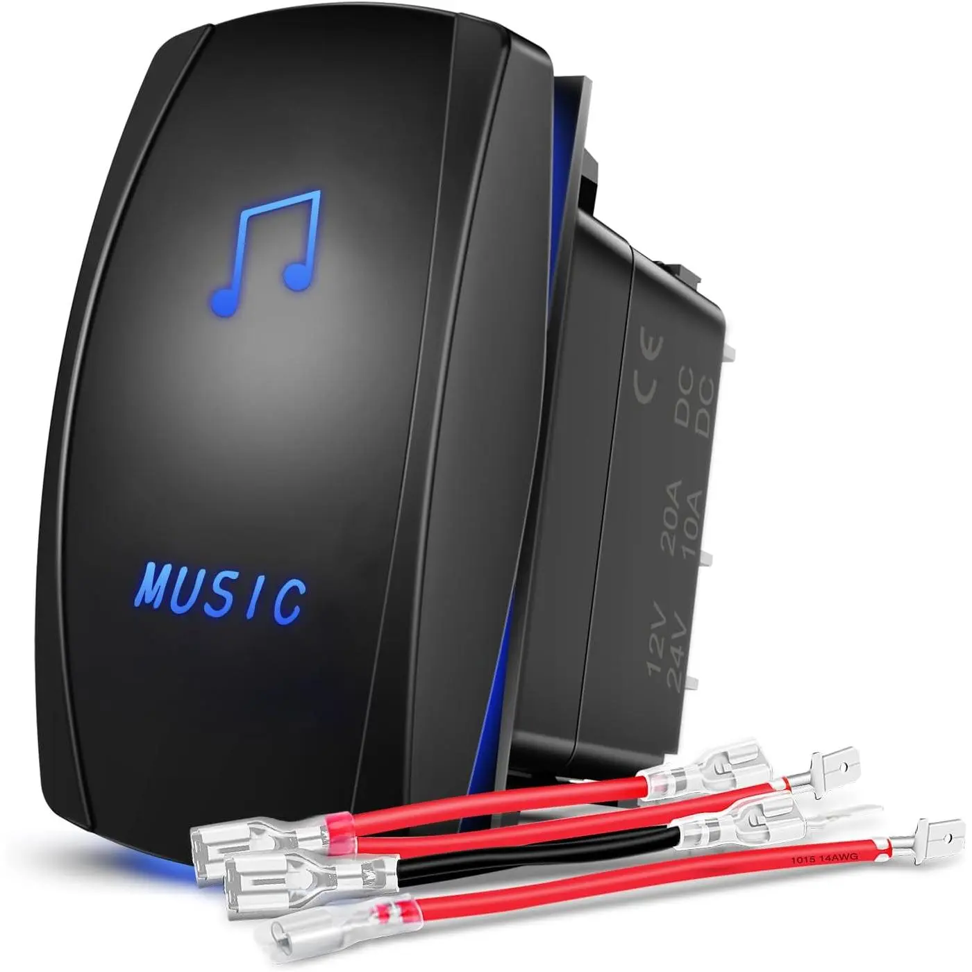Nilight 5-Pin SPST Glowing Push Button Music Rocker Switch with Laser On-Off, Blue LED Light Bar, ABS+PC Construction (20A/12V, 10A/24V) - 1.43"(37mm) x 0.84"(21.3mm), 1x Jumper Wires Set for Cars, SUV, Yacht