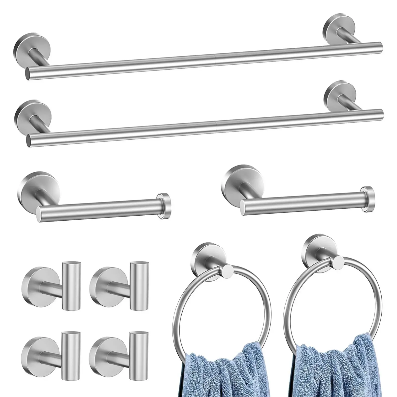 10pcs Bathroom Hardware Set, Brushed Nickel Bathroom Hardware Set, Including 16" Hand Towel Bars, Toilet Paper Holders, Towel Rings, Robe Towel Hooks | Including 16" Hand Towel Bars, Toilet Paper Holders, Towel Rings, Robe Towel Hooks