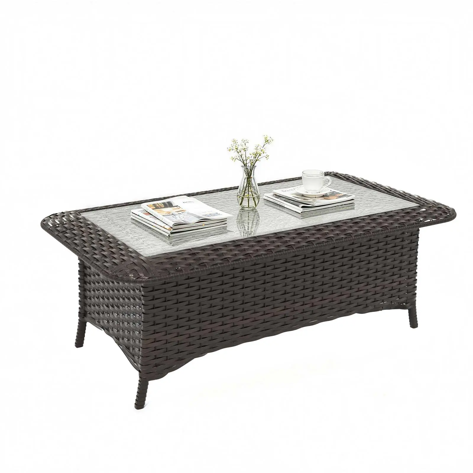 Outdoor Coffee Table with Tempered Glass Top, Wicker Patio Coffee Table Compatible with Patio Furniture Sets for Porch, Deck, Backyard, Brown