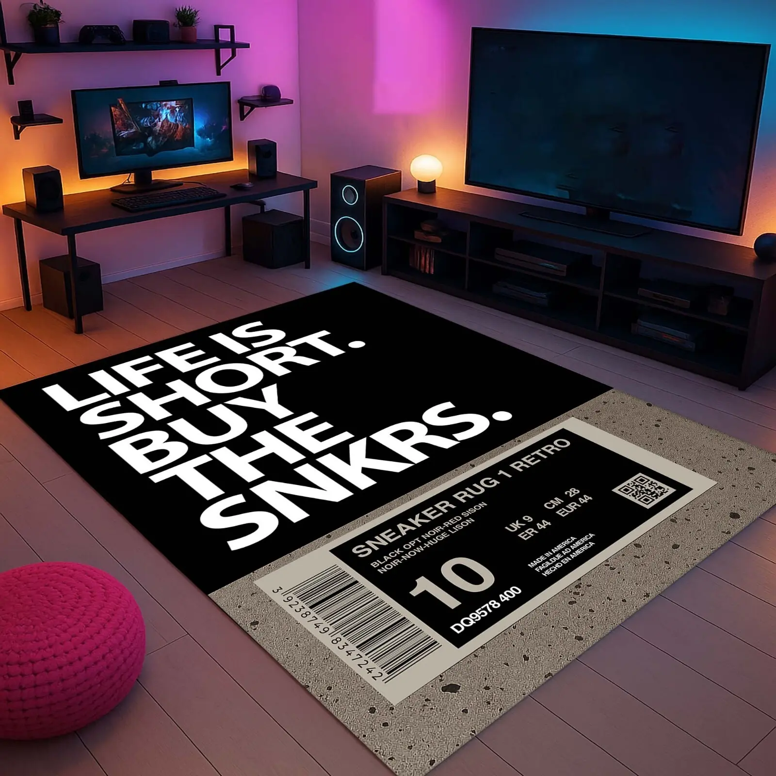 Sneakerhead Area Rug - Hypebeast Themed Decor Mat for Shoe Rooms, Retro Label Accented Streetwear Style Rug