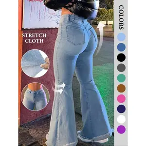 Women's Bell Bottom Flare Jeans Mid Rise Denim Pants Destroyed Raw Hem Denim Pants