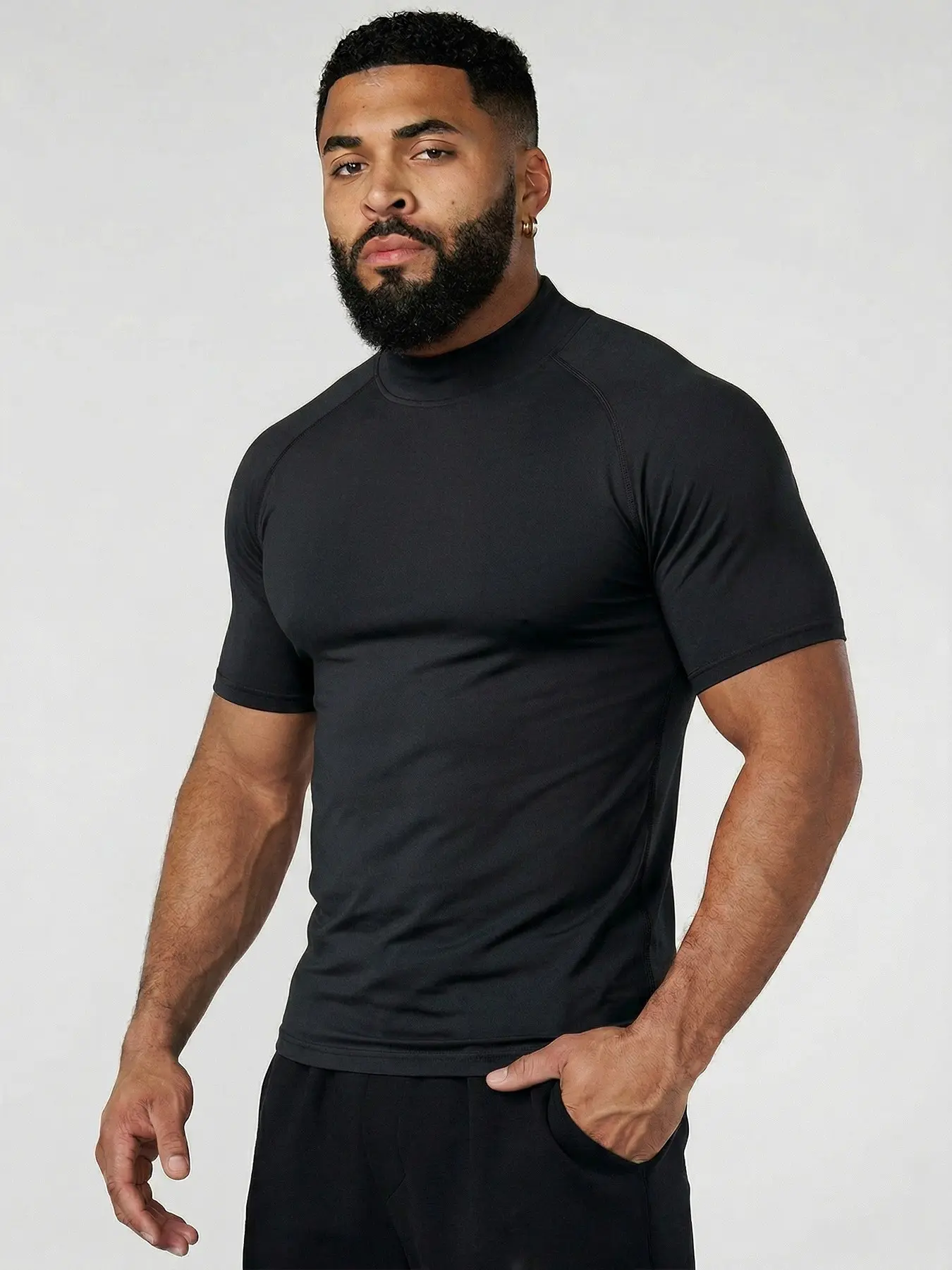 Men's Solid Mock Neck Short-Sleeve Tee, Top, Slim Comfort Fit, Stretchy Breathable Knit, Raglan Sleeve, Summer Daily Gym Commute Casual, Classic Versatile, Today's Clearance, Focus Item, Essential for Man's Wardrobe, Menswear.
