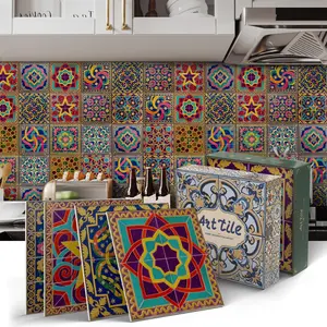 12/24 Pcs Bohemian Colored Flower Tile Hanging Stickers, Decorative Stickers, Vinyl Waterproof Self-Adhesive Wall Decor for Living Room Kitchen Removable Decorative Backsplash Bathroom Home Decor, 5.91 Inch Size