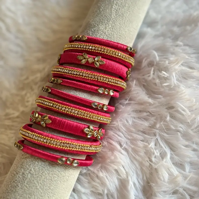 Handmade Silk Thread Bangles Traditional Kundan Bangle Set for Women Elegant Pink and Gold Kundan stones.